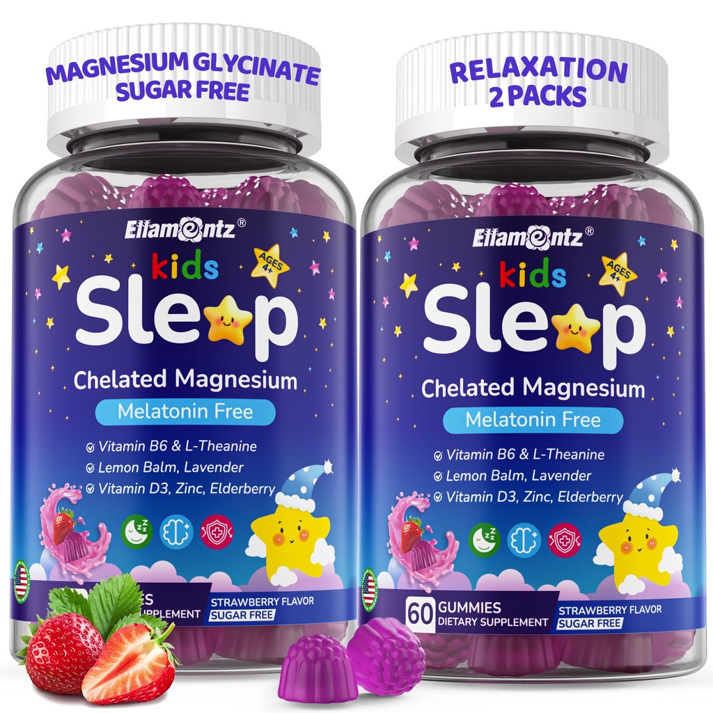 Kids Sleep Gummies, NO Melatonin Sleep Aid Gummies w/ Magnesium Glycinate, Magnesium Malate, L-Theanine, Lavender, B6, Zinc, D3K2 for Restful Sleep, Relax Brain & Muscle, Immune Support, Non-GMO 2Pack