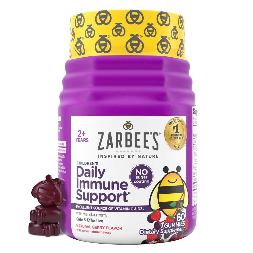 Zarbee's No Sugar Coating Elderberry Gummies for Kids, Daily Immune Support* Gummies with Vitamins C, D3 & Zinc to Support a Healthy Immune System*, No Artificial Flavors, Ages 2+, 60 ct