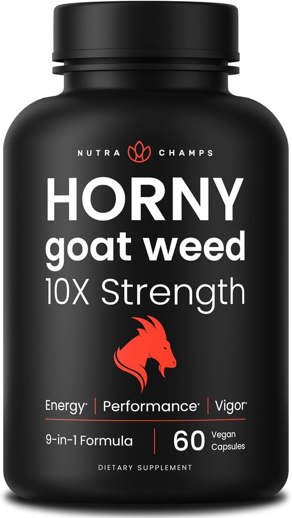 NutraChamps Horny Goat Weed, 1000mg Epimedium Energy Supplement, 10X Strength Icariin, Ginseng, Tribulus &amp; Maca Pills for Women &amp; Men, Enhanced Absorption with Black Pepper, 60 Vegan Capsules