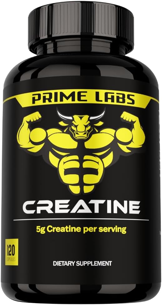 Prime Labs Creatine Monohydrate Capsules - 5g (5000mg) - Crecimiento muscular, recuperación, función cerebral - para hombres y mujeres - 120 Cuenta