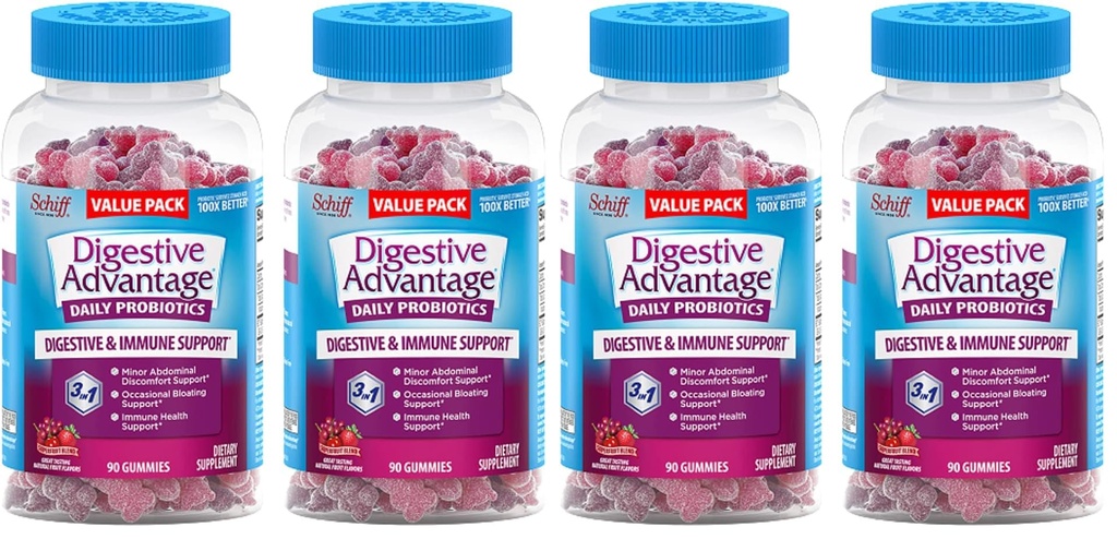 Digestive Advantage Daily Probiotic Gummies for Digestive & Gut Health for Men and Women, Superfruit Flavor, Red, 180 Count, Pack of 4