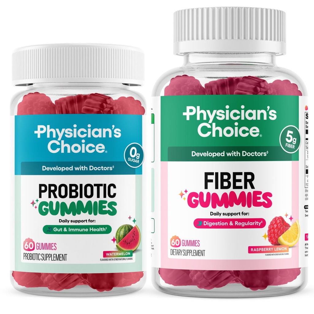 Physician's CHOICE Gut Gummy Bundle: Probiotic Gummies + Fiber Gummies - No Sugar Added & Vegan - Supports Digestive Health & Regularity for Women and Men