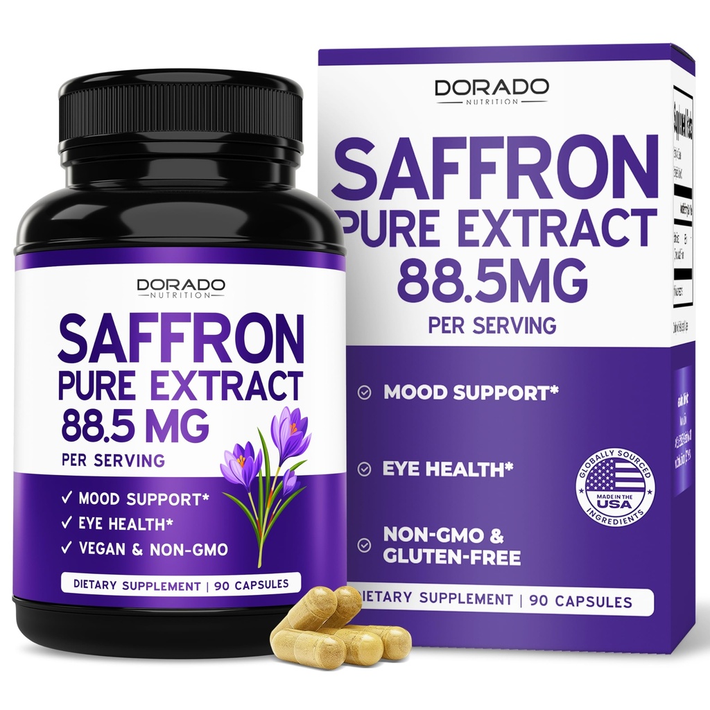 Saffron Supplements for Mood, Energy & Vision Support (3 Month Supply) Pure Saffron Extract 88.5mg Per Serving - Vegan Safe, Gluten Free, Third Party Tested & Non GMO - USA Made (90 Veggie Capsules)