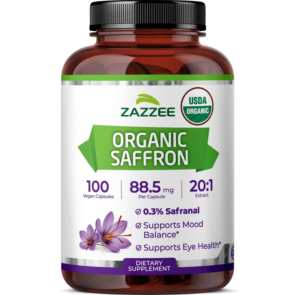 Zazzee USDA Organic Saffron 20:1 Extract, 88.5 mg, 0.3% Safranal, 100 Vegan Capsules, 3+ Month Supply, Concentrated and Standardized 20X Extract, Non-GMO, All-Natural, Made in the USA