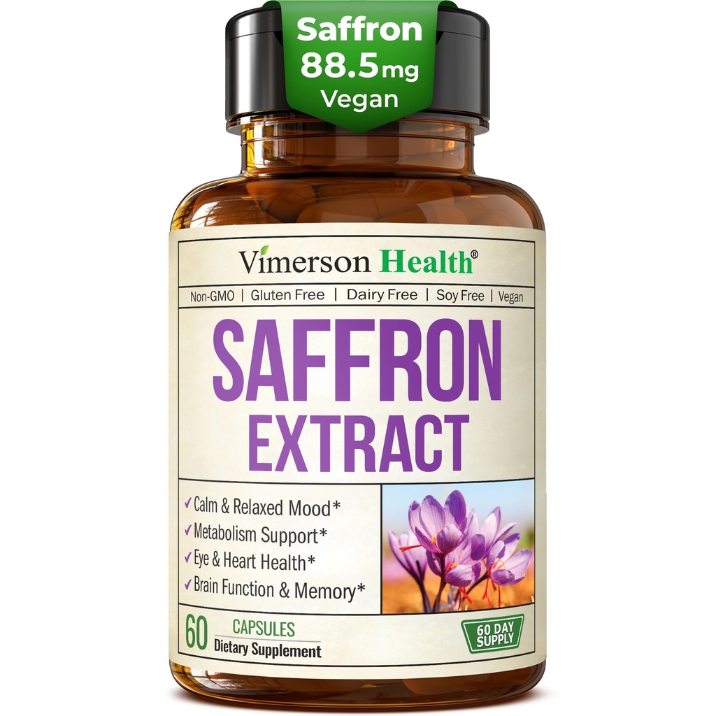 Pure Saffron Supplements for Women & Men w/ 88.5mg Saffron Extract – Mood Support Supplement Plus Eye Health – Azafran Safron Spice Alternative to Gummies or Powder – 60 Vegan Count – 2 Month Supply