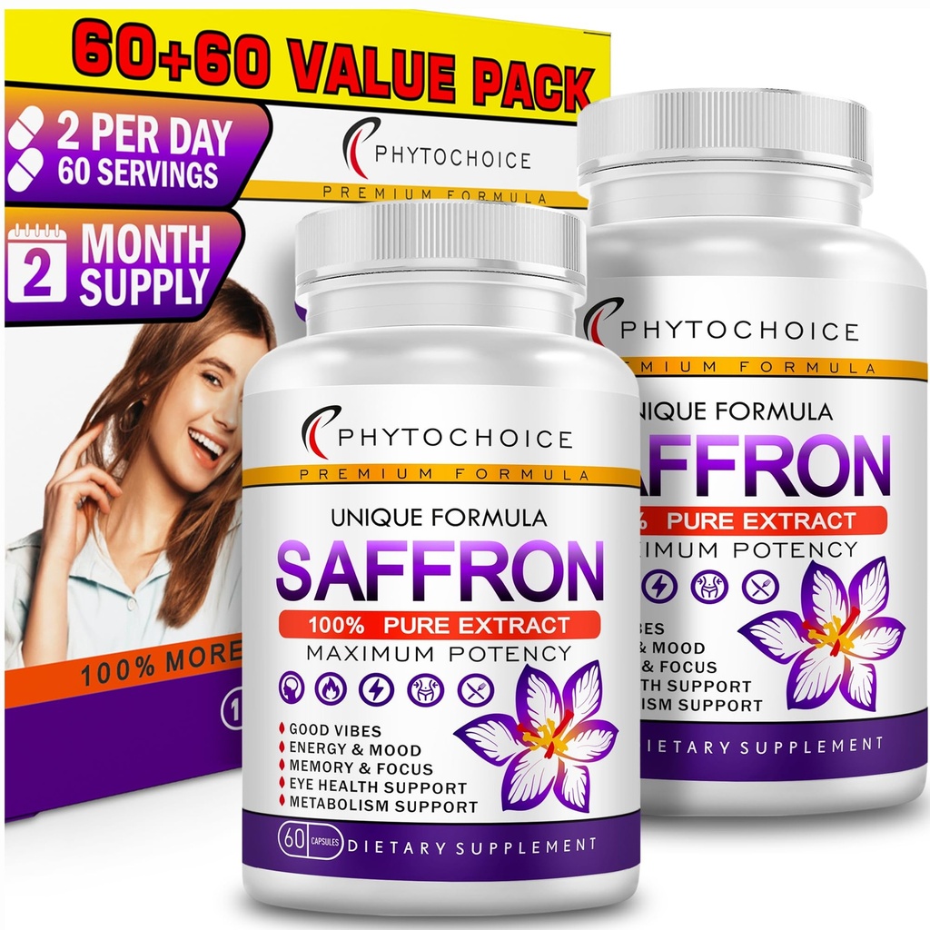 Saffron Supplements - 100% Pure Saffron Extract Capsules - Boost Energy & Mood, Support Eye & Heart Health, Focus, Vision - Pure Saffron Extract 88.5 mg - Made in USA for Women & Men - 120 Capsules