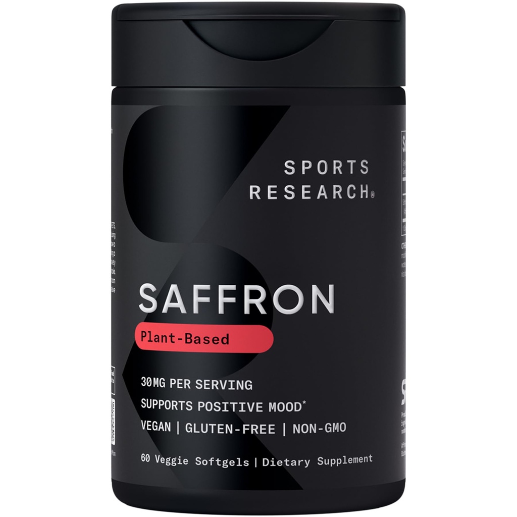 Sports Research® Pure Saffron Supplement, 30 mg - Mood & Stress Support - Made w/Affron® Saffron Extract - Vegan Certified · Non-GMO · Gluten Free – 60 Veggie Softgels