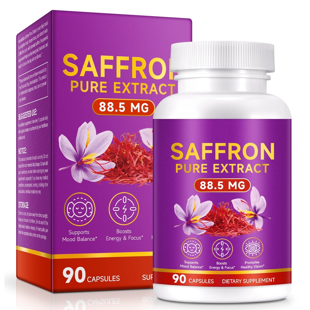 Saffron Supplements Capsules for Women & Men 90 Count - Pure Saffron Extract - Supports Mood, Focus, Energy, Eye Health - Vegan, Non-GMO, 3 Month Supply