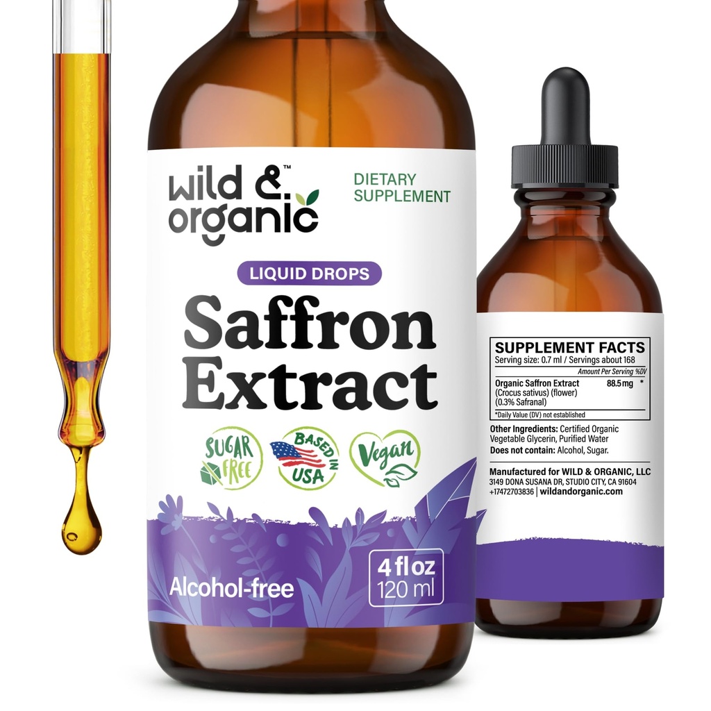 Wild & Organic Saffron Supplements 88.5 mg - Mood, Focus & Eye Support - Saffron Extract Liquid Drops - Add to Tea - 5-Month Supply - Crocus Sativus Herb - Vegan, Sugar & Alcohol-Free Tincture - 4 oz