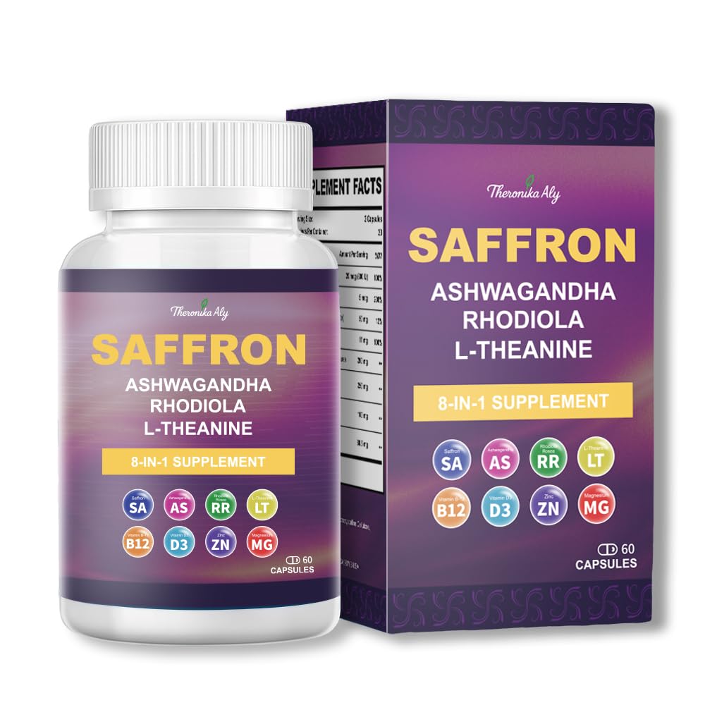 Saffron Supplements – Blend with Ashwagandha, Safron, Rhodiola, Magnesium, L-Theanine, Zinc & B12, 88.5 mg Pure Saffron Extract Capsules Mood, Energy, Vision & Focus – 60 Vegan Capsules