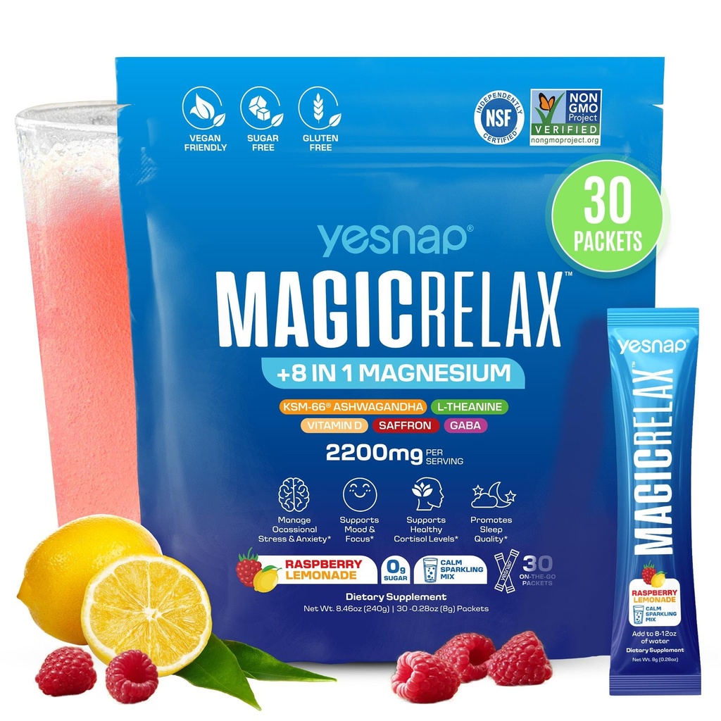 MAGICRELAX Supercalm 8-in-1 Chelated Magnesium Powder Drink Mix,KSM-66 Ashwagandha, Saffron, GABA, L-Theanine, Vitamin D3,Supports Stress Healthy Cortisol, Mood & Sleep, Zero Sugar Raspberry Lemonade