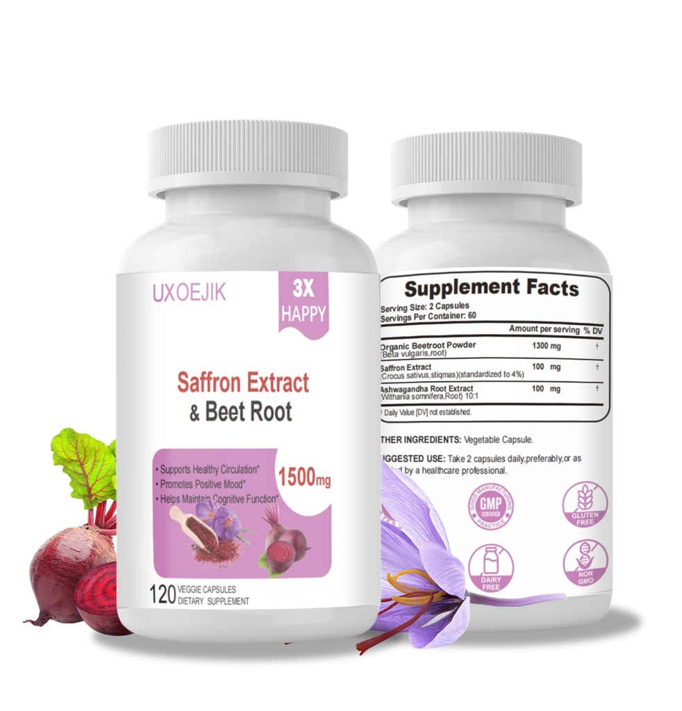 Saffron Supplements with Organic Beet Root & Ashwagandha - 100mg Saffron Extract for Mood Support, Energy & Focus - Pure Saffron Capsules, Vegan, Non-GMO, 120 Count (120)