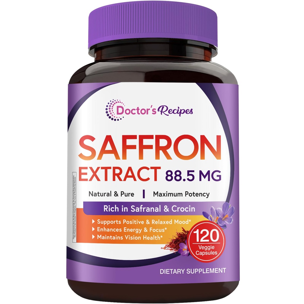 Doctor's Recipes Saffron Supplements, 88.5 mg Saffron Extract, High in Safranal & Crocin, Crocus Sativus, Pure, Vegan, All Natural, Non-GMO, Mood, Energy & Vision Support, 120 Caps