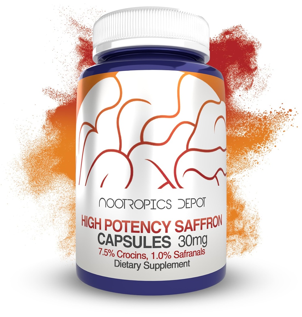 Nootropics Depot High Potency Saffron Extract Capsules | 30mg | Minimum 7.5% Crocins and 1% Safranals | Crocus sativus | 60 ct