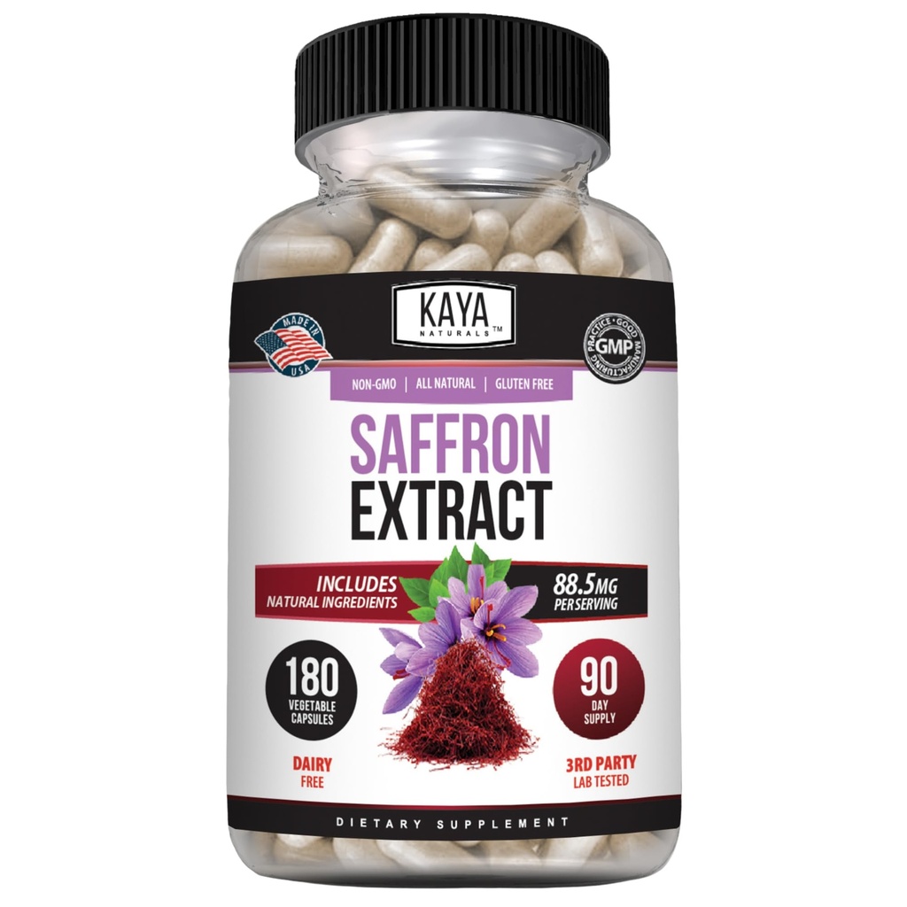 Kaya Naturals Saffron Supplement – 100% Pure Saffron Extract – 180 Capsules – Non-GMO, Gluten-Free, Made in USA