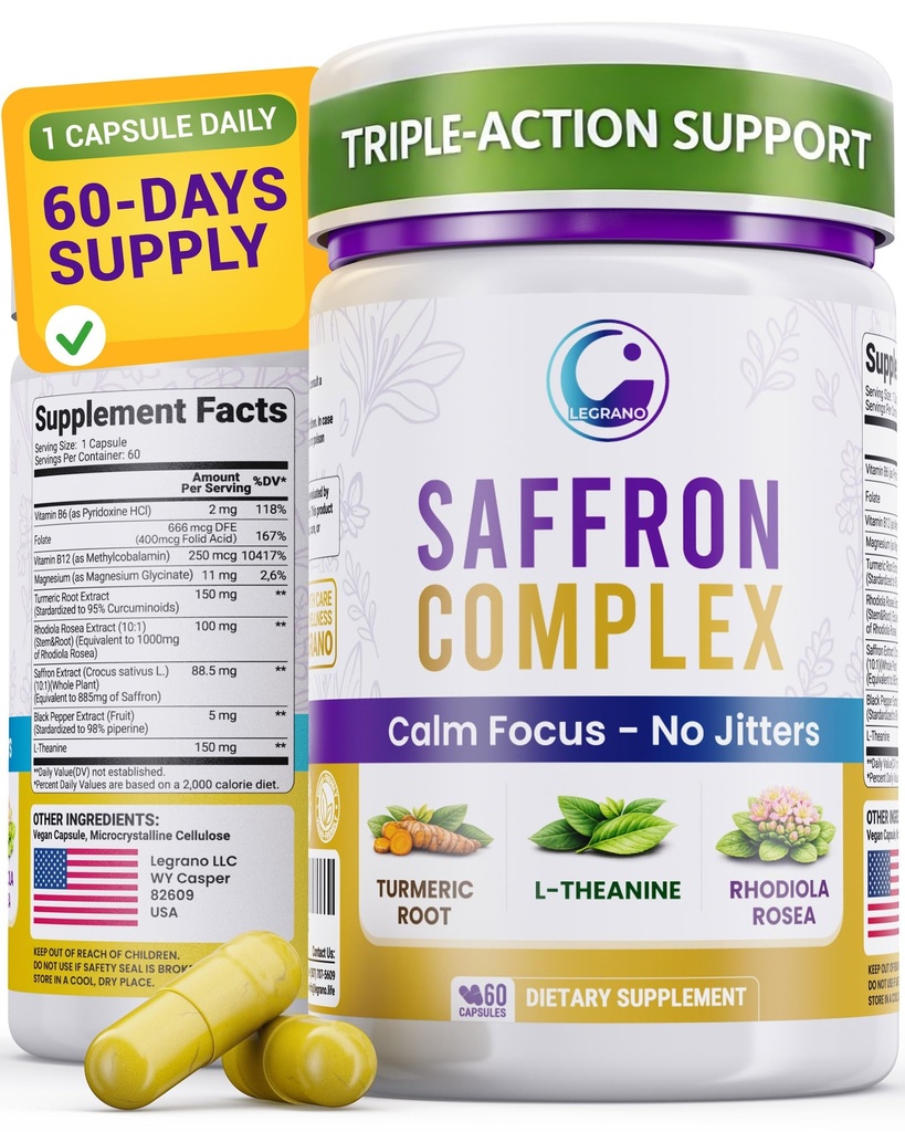 Premium Saffron Supplement with Turmeric Curcumin, L-Theanine, Magnesium & Rhodiola Rosea – Organic Saffron Extract Capsules for Mood, Energy & Vision Support (60 Capsules 2 Month Support)