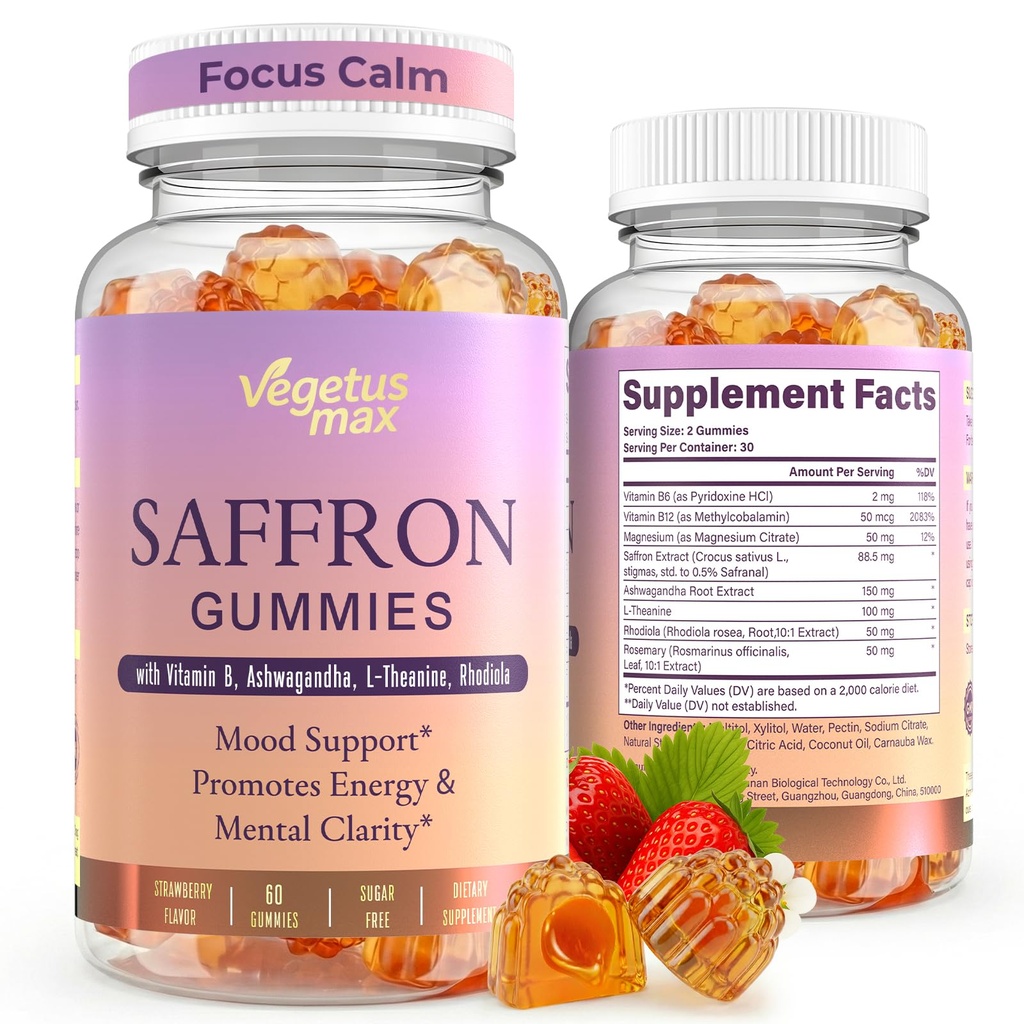 Saffron Supplements Gummies, 88.5mg Pure Saffron Extract with Ashwagandha L-Theanine Rhodiola Rosemary Magnesium Vitamin B6 B12 for Mood Focus Support Adults Kids - 60 Count