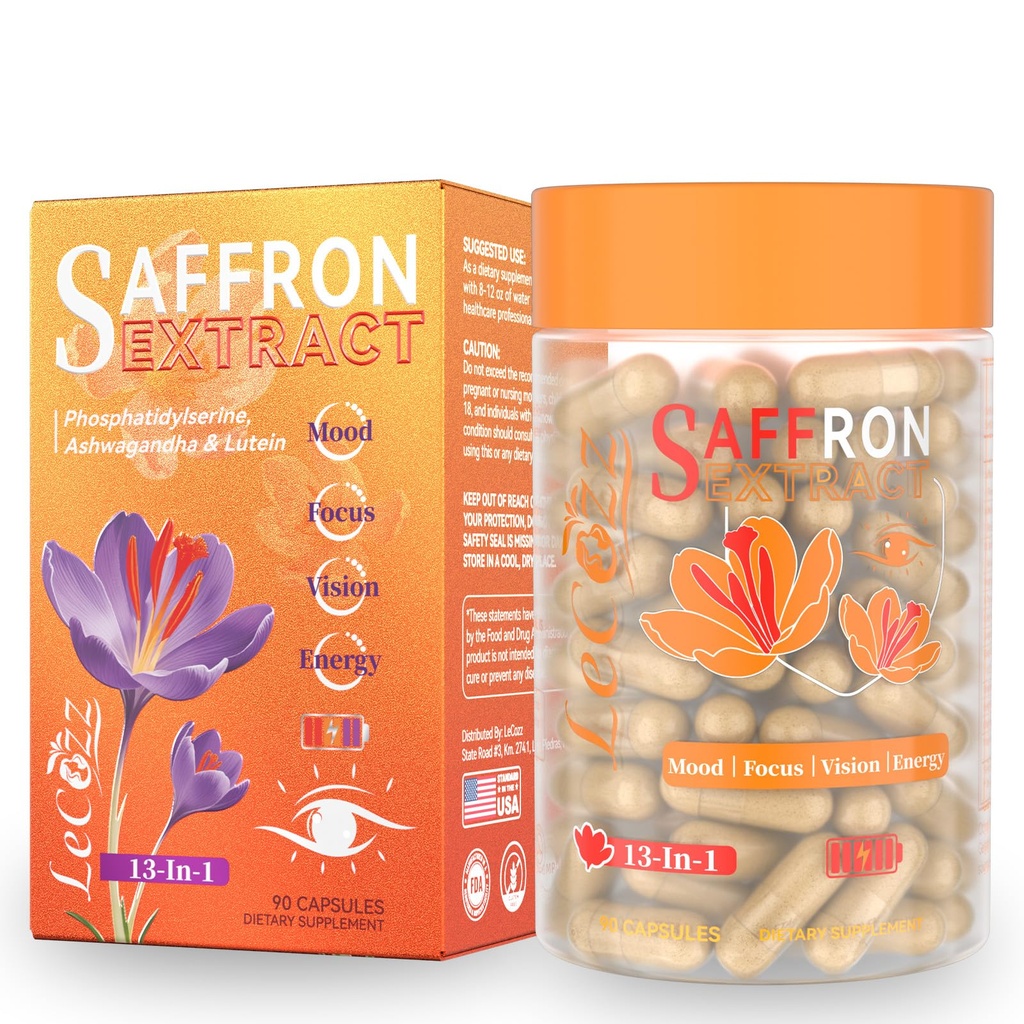 Saffron Supplements for Women & Men: Organic Saffron Extract Capsules with Ashwagandha Supports Mood Balance Mental Focus Energy & Vision Non-GMO 90 Capsules