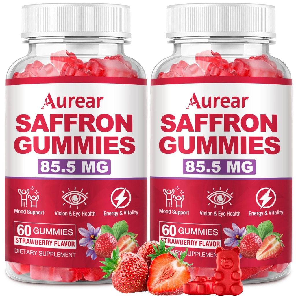Saffron Gummies, 10-in-1 Saffron Supplement, Contains 88.5 mg of Saffron Extract, Helps Regulate Mood and Promote Sleep, Sugar-Free, Strawberry Flavor,120 Count