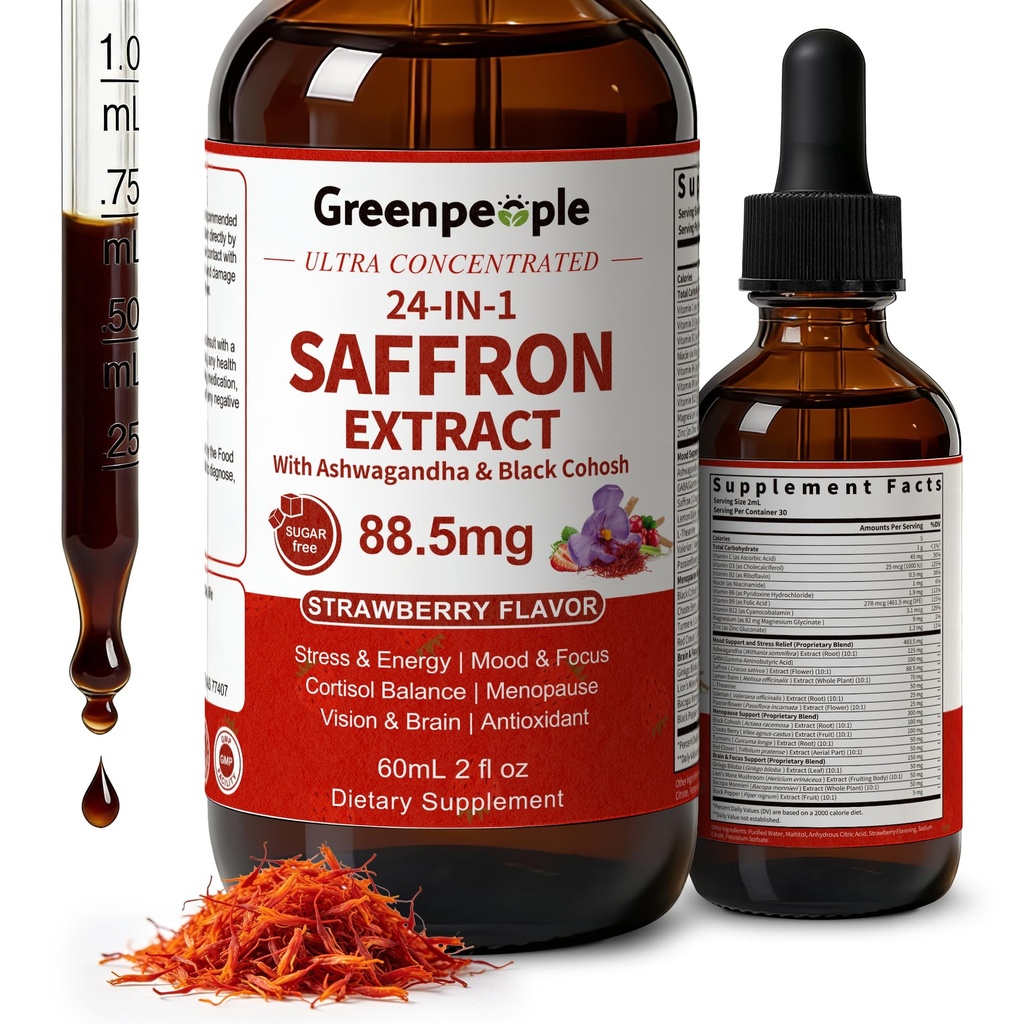 GREENPEOPLE Saffron Extract Supplements Drop - 24-in-1 88.5mg Saffron Extract with Ashwagandha,Black Cohosh & Lion's Mane for Mood&Focus,Stress Relief,Cortisol Reducer,Menopause – Vegan 2FL OZ