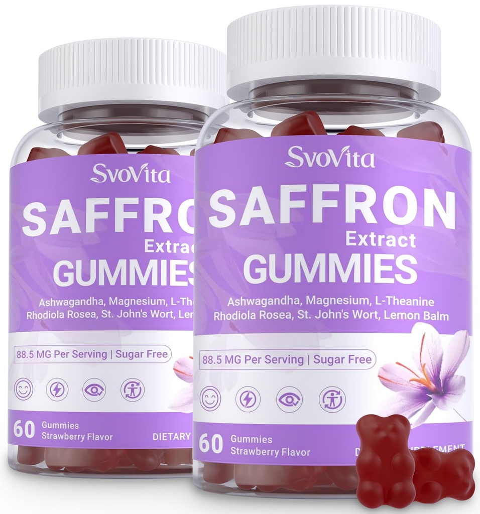 Saffron Gummies Supplements with 88.5 mg Saffron Extract, Magnesium Glycinate, L-Theanine, Ashwagandha, Rhodiola Rosea, St. John’s Wort - Sugar Free 120 Count