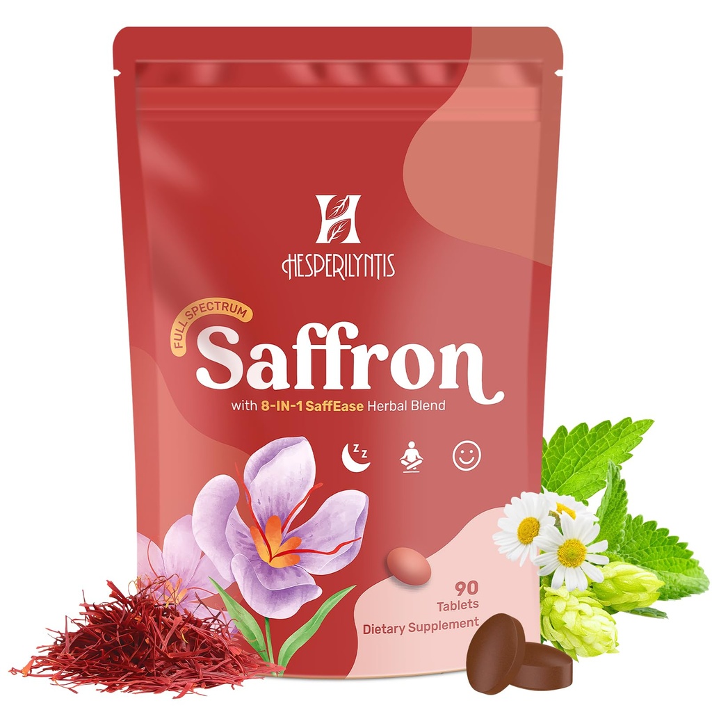 Saffron Supplements - Full Spectrum Saffron with Magnesium, Ashwagandha, Rhodiola, St. John's Wort, L-Theanine, Lemon Balm, Valerian & Chamomile - Mood, Sleep, Relax & Focus, 90 Tablets