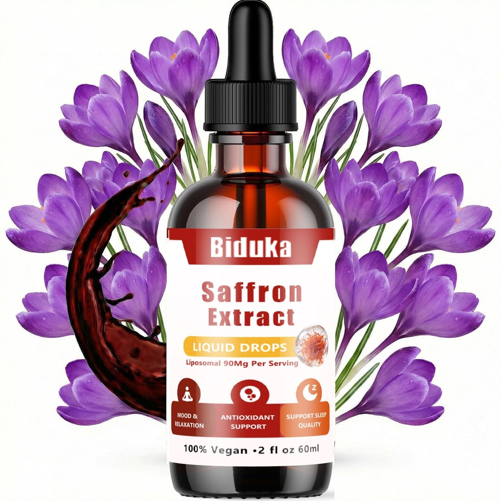 Liposomal Saffron Extract Drops, 90mg Organic Saffron with 0.3% Safranal, 60ml Vegan Gluten Free, No Alcohol No Sugar, 30 Servings