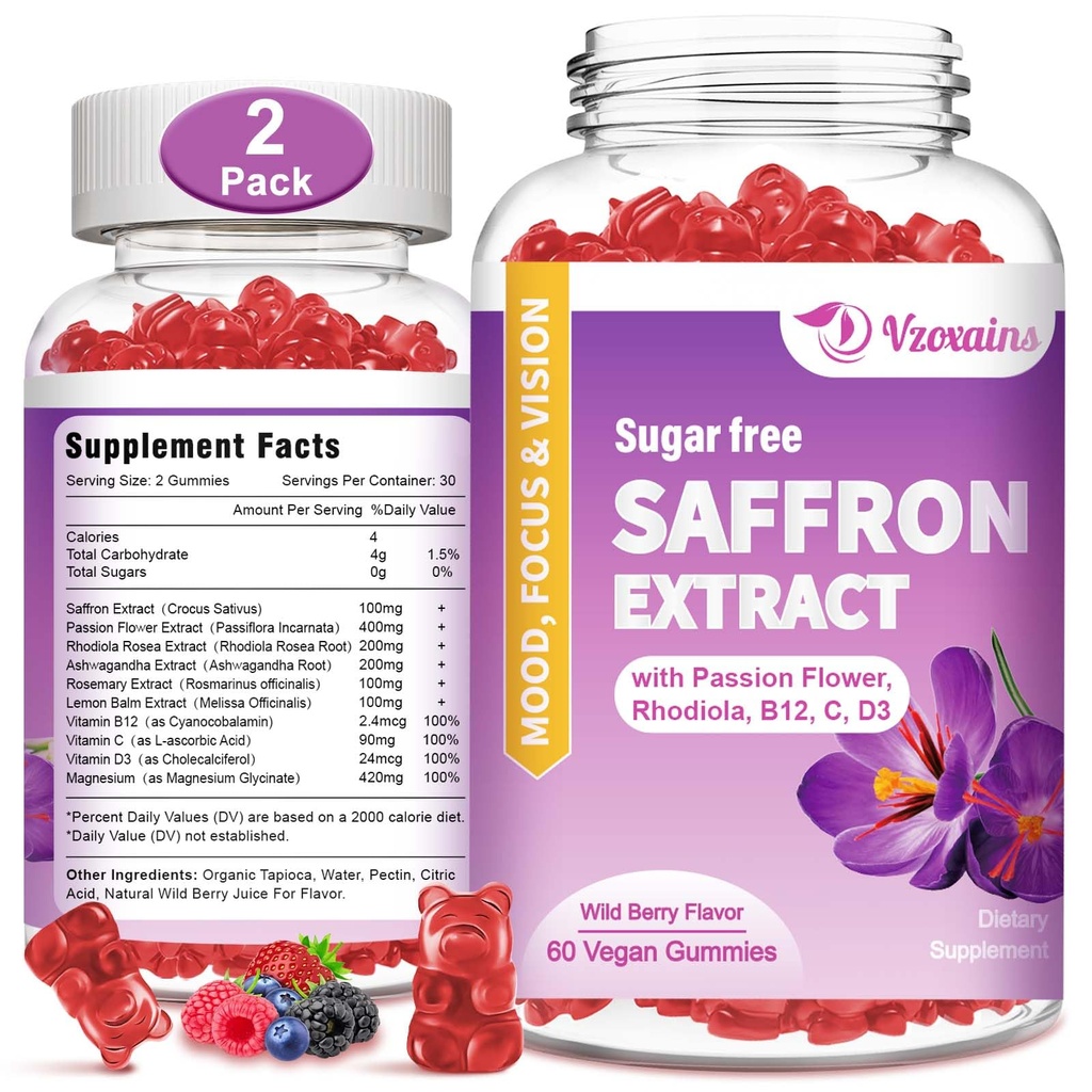 Saffron Gummies, 10 in 1 Saffron Supplements Gummies with Magnesium, Ashwagandha & Rhodiola Rosea, Sugar Free Vegan Mixed Berry Flavor - 2 Pack 120Cts