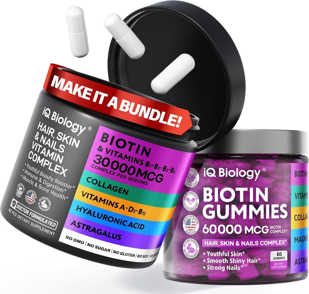 Biotin Hair Growth Bundle - Biotin Vitamins & Keratin Capsules + Peluquería Gummies con Collagen &amp; Astragalus - Peluquería de uñas Vitaminas para Mujeres y Hombres