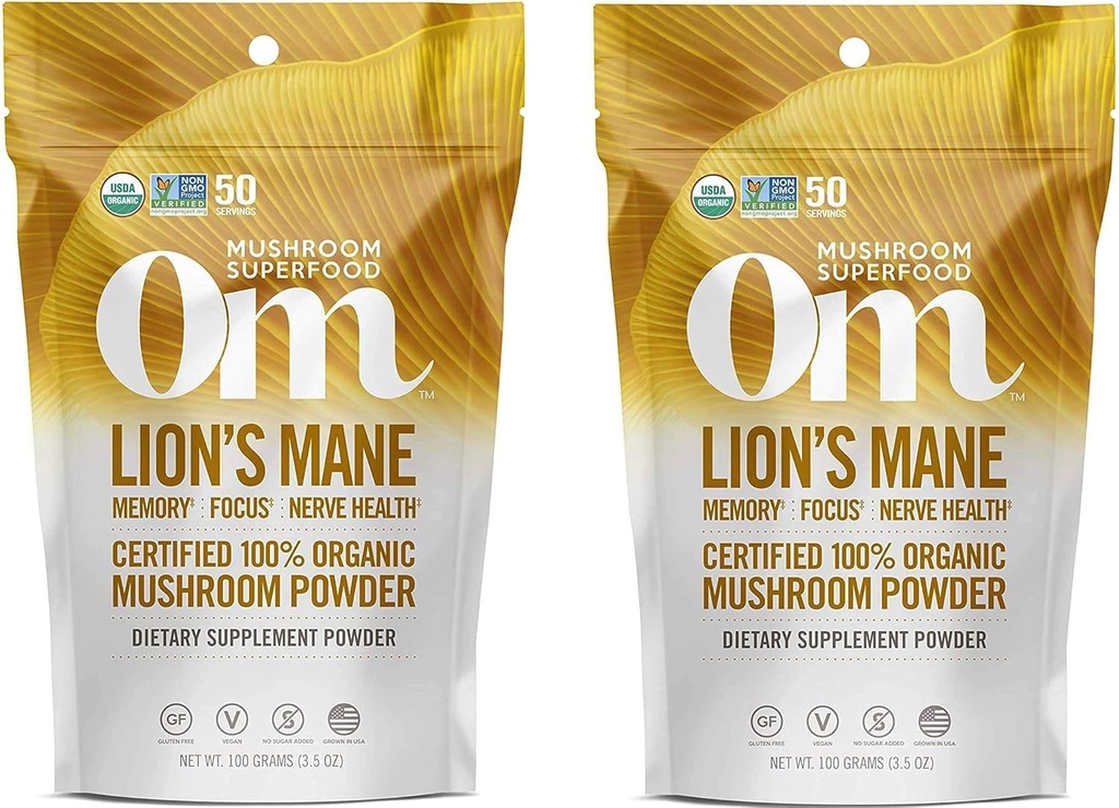 Om Organic Mushroom Superfood Powder, Lions Mane, 3.5 Ounce (50 Servings) (Two Рack)