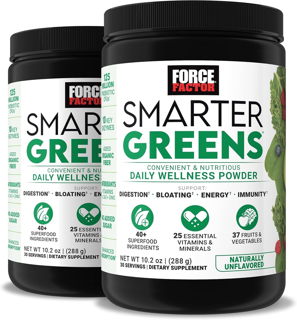 Factor de fuerza Verdes más inteligentes Wellness Daily Powder 2-Pack to Support Energy, Immunity & Digestion, Superfood Greens Polvo con vitaminas, minerales y probióticos, Desflavorado, 60 Servings