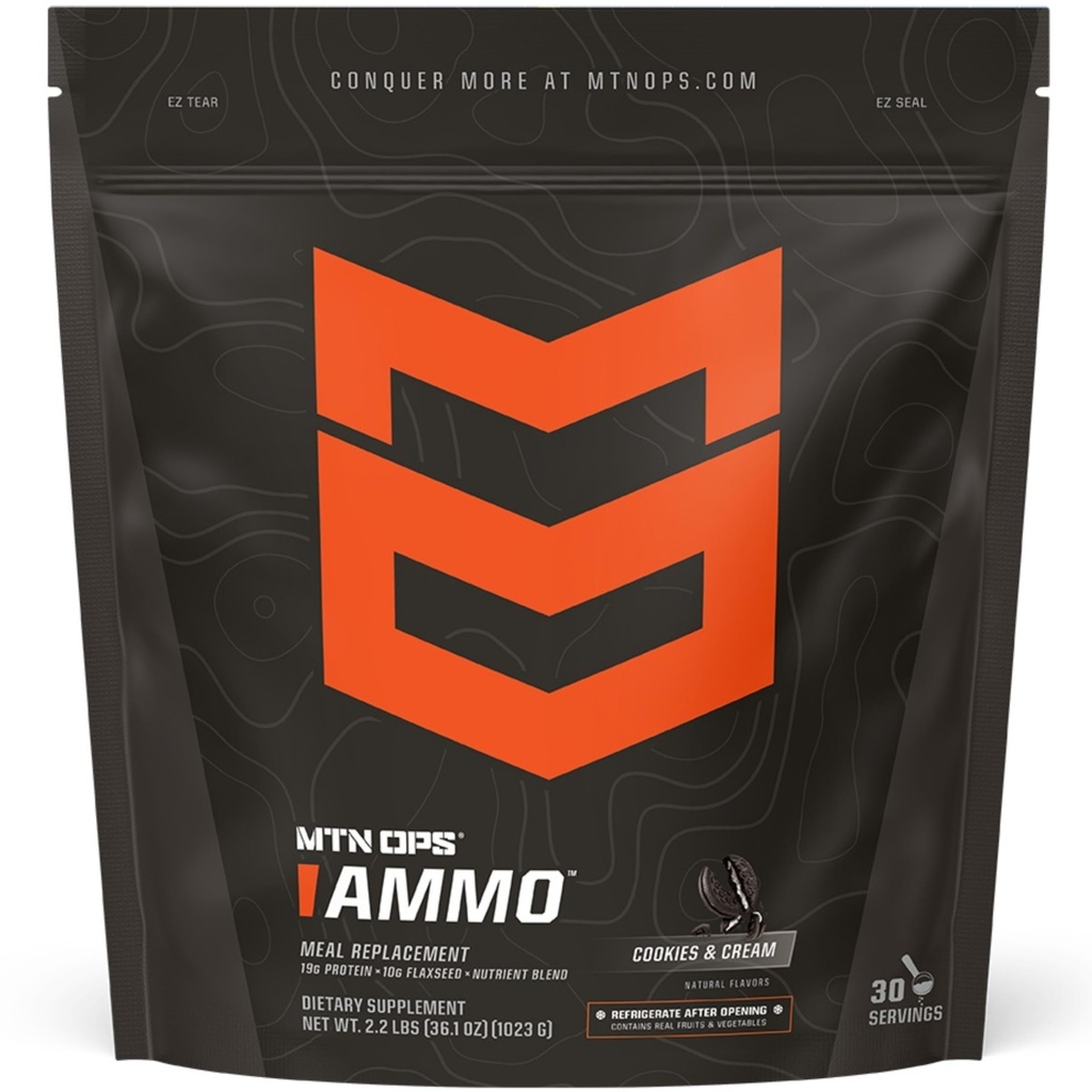 MTN OPS Ammo Meal Replacement Shake Powder – 19g Protein, 10g Flaxseed, 4.5g Whole Foods, Real Fruits & Vegetables – Daily Nutrition & On-the-Go Fuel, 30 Servings, Cookies & Cream