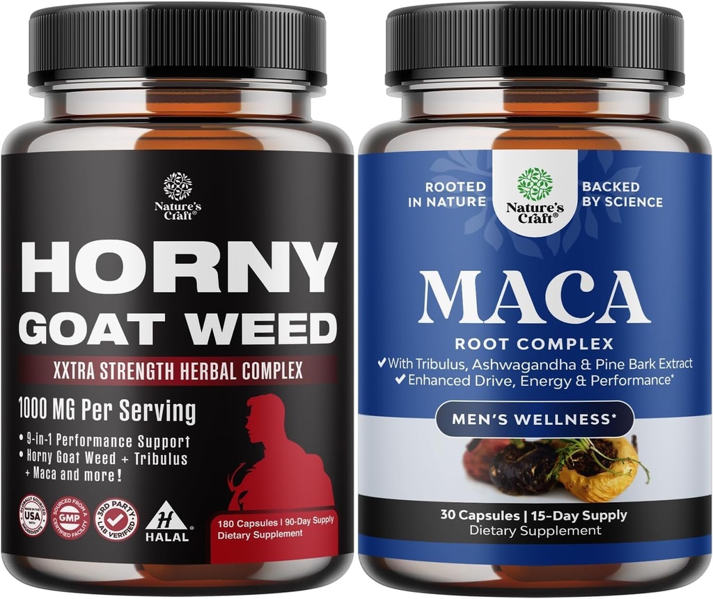 Bundle of Horny Goat Weed with Black Maca Root, Tongkat Ali, Saw Palmetto &amp; Panax Ginseng Extract for Stamina & Energy and Black Maca Root with Siberian Ginseng Ashwagandha - Men’s Wellness Supplement