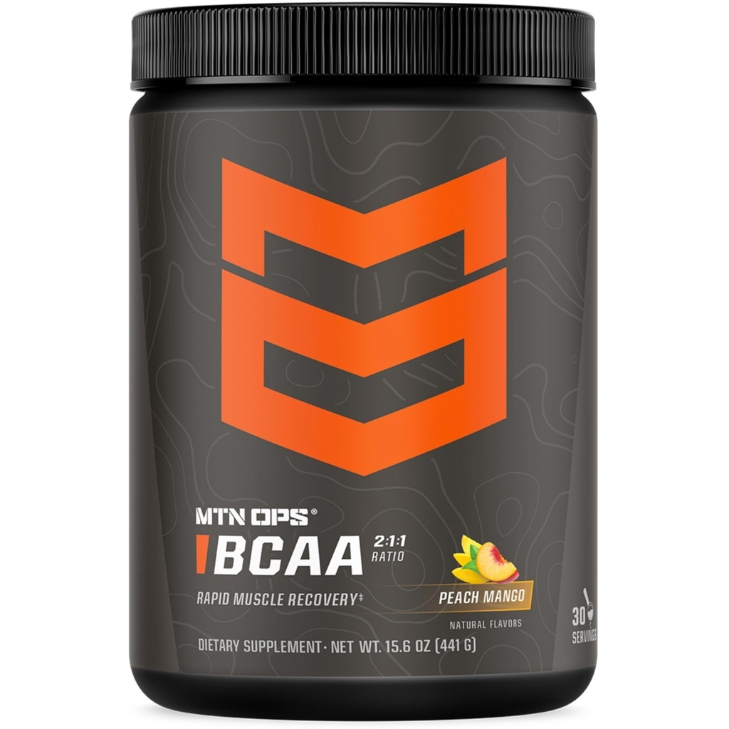 MTN OPS BCAA Powder 2:1:1 Amino Acids Supplement Powder for Rapid Muscle Recovery & Repair with Zero Sugar & Gluten Free - 30 Servings, Peach Mango