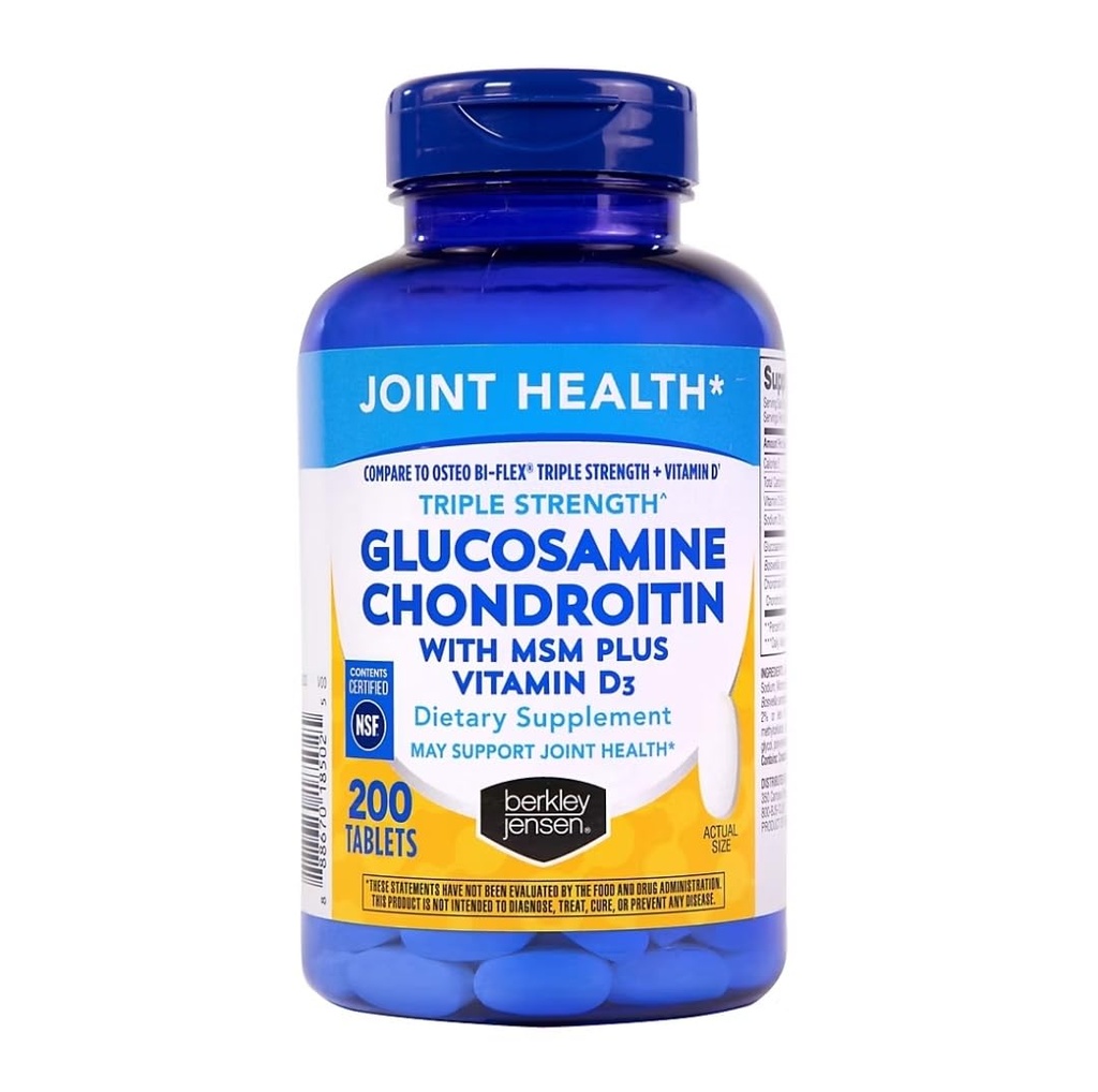 Berkley Jensen Glucosamine Chondroitin Triple Strength Complex with MSM and D3 Joint Supplement Tablets for Joint Support and Cartilages, NSF Certified, 200 Count (Pack of 1)