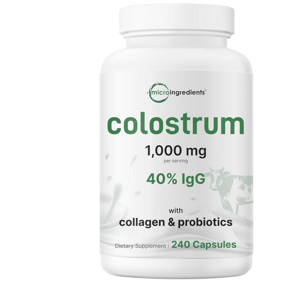 Micro Ingredients Bovine Colostrum 1,000 mg Per Serving, 240 Capsules | 40% IgG with Collagen & Probiotics | Colostrum Supplement with 10 Probiotic Strains | Non-GMO, Gluten Free