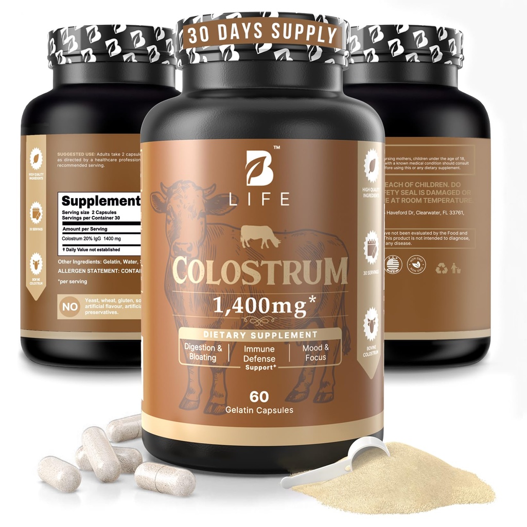 B Life Company BLife Bovine Colostrum Supplement 1400mg – Immune & Gut Health Support – Colostrum Capsules for Digestive Health – Immune Support Supplement – 60 Capsules (30 Servings)
