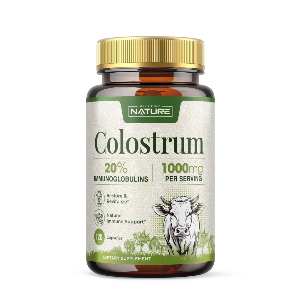 Built by Nature Colostrum Supplement, 120 Capsules - 1000mg Grass Fed Bovine Colostrum Powder from First Milkings, 20% IgG Immunoglobulins – Gut Health, Immune Support, Hair & Skin Wellness