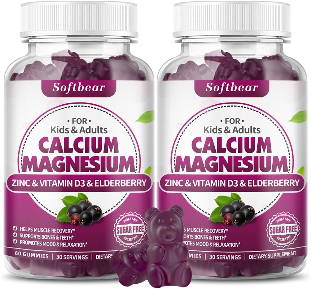 softbear Calcium Magnesium Zinc Gummies para Adultos &amp; Niños, Suagr-Free Calcium Magnesium Zinc Vitamin D3 Suplemento para Bone Strength &amp; Immune Health, Elderberry Flavor 120 Cuenta