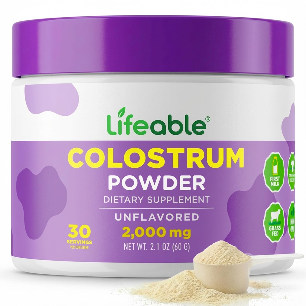 Lifeable Bovine Colostrum Powder | 2000mg First Milking Grass Fed Colostrum Supplement | 30% IgG | Non-GMO, Gluten Free | Unflavored Cow Colostrum | for Immune Health & Gut Health | 30 Servings