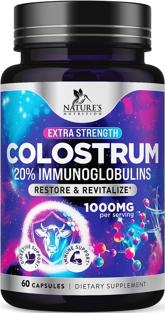 Bovine Colostrum Powder 1000mg Per Serving - 20% Immunoglobulins for Muscle, Skin & Hair Support - Gut Health Digestive & Immune Support - Bovine Colostrum Powder - Gluten Free - 60 Capsules