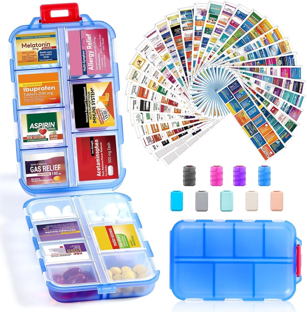 14 Grids Travel Pill Organizer Box with 415-Pcs Medicine Name Labels - Pocket Daily Pharmacy Case Container Kit - Travel Medication Holder Dispenser for Fish Oil Vitamin Supplement Storage -Clear Blue