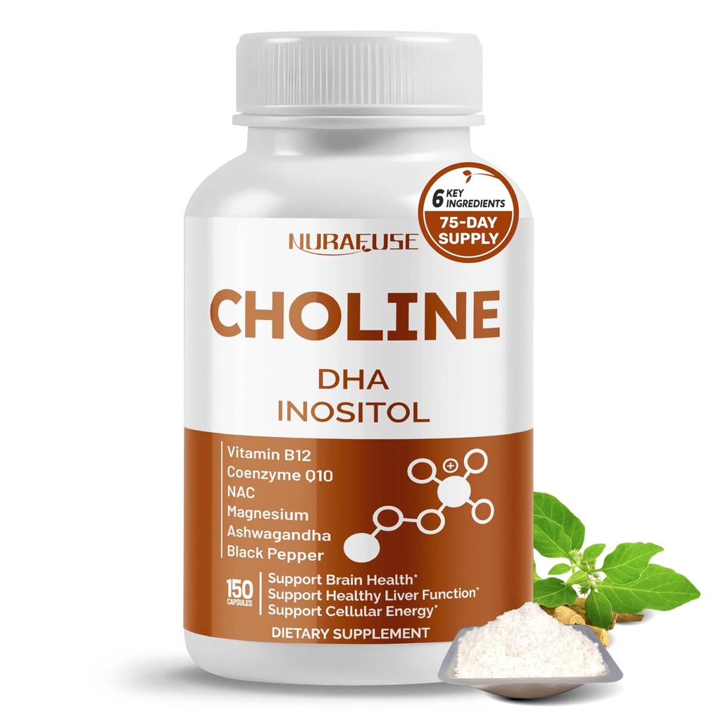 Choline with DHA, Inositol, Vitamin B12, Coenzyme Q10, NAC, Magnesium, Ashwagandha – Supports Brain Health, Promotes Liver Health