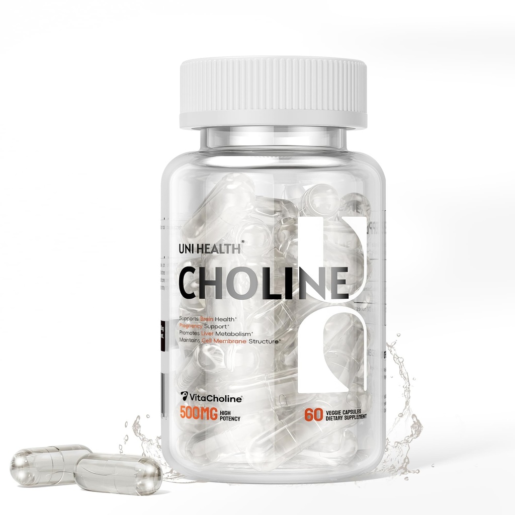 UniHealth® Choline 500 mg with VitaCholine®, 60-Day Supply, Liquid Vegan Capsules for Prenatal Choline Supplement, Brain Health, Cognitive Performance & Liver Support, Non-GMO, Gluten-Free, USA Made