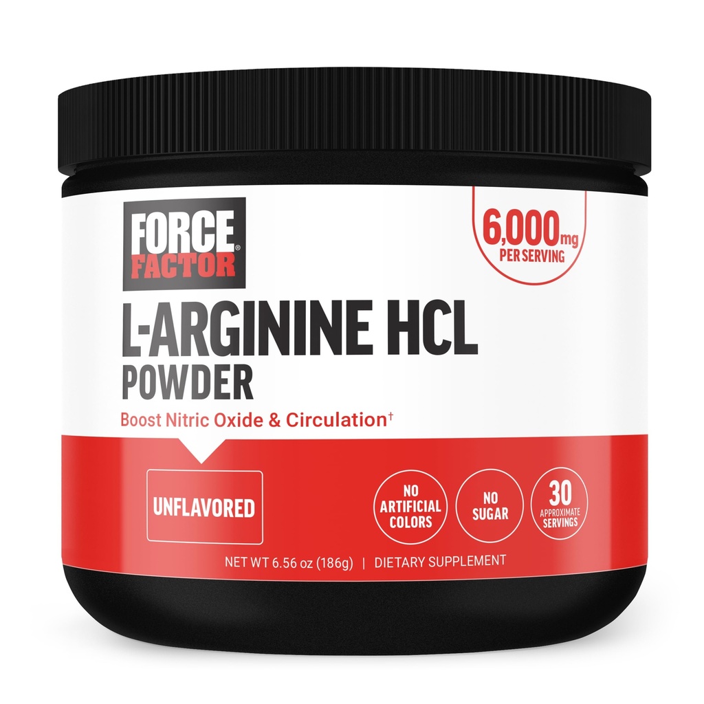 Force Factor L Arginine HCL, L-Arginine Supplement to Boost Nitric Oxide for Better Circulation, Blood Flow, and Muscle Pumps, L Arginine Powder 6000mg, Unflavored, 30 Servings