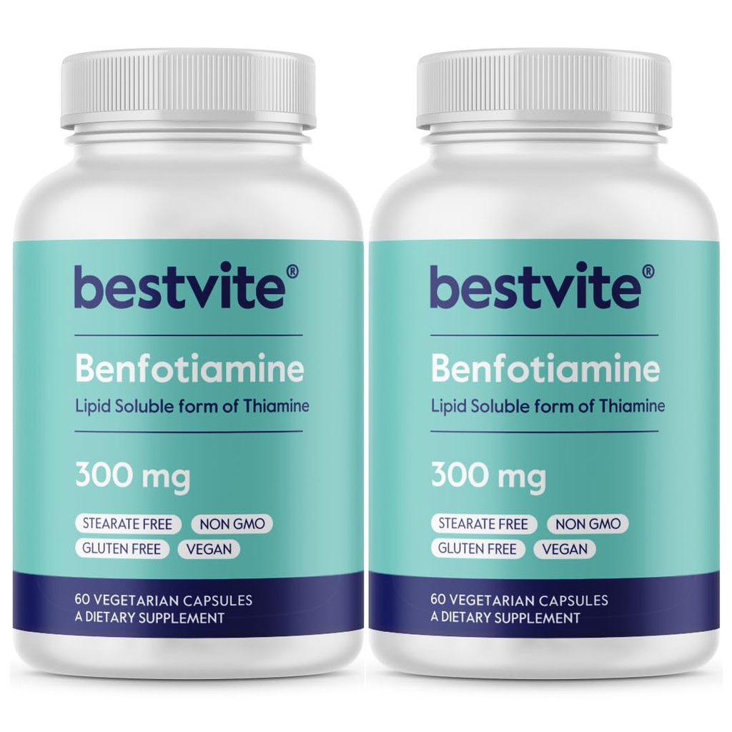 Benfotiamine 300mg (120 Vegetarian Capsules) (60x2) No Stearates - No Silicon Dioxide - Vegan - Non GMO - Gluten Free