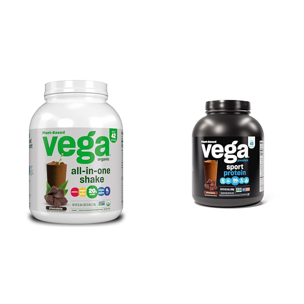 Vega Organic All-in-One Vegan Protein Powder, Chocolate - Superfood Ingredients, Vitamins & Sport Premium Vegan Protein Powder Chocolate(45 Servings) 30g Plant Based Protein,5g BCAAs