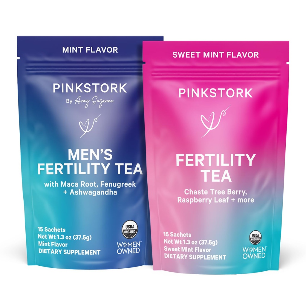Pink Stork Fertility Tea Bundle for Couples: Women’s Sweet Mint + Men’s Organic Reproductive Support Tea with Vitamin C, Zinc, and Herbal Blend for Conception and Wellness, 30 Servings Each