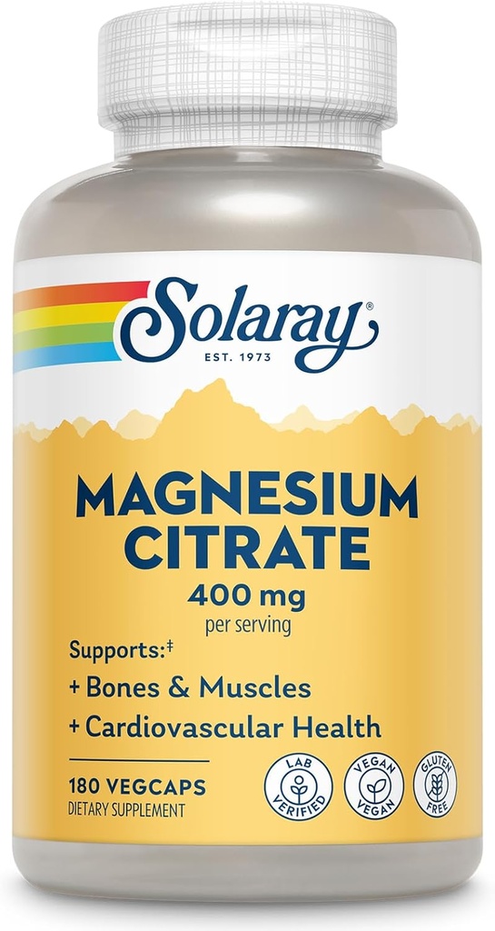 SOLARAY Magnesium Citrate 400mg - Suplemento Magnesio - Bone Health, Muscle, Relax and Heart Health Support - Ausorción mejorada, Vegan, Gluten Gratis, 60 días de garantía, 60 servidumbres, 180 VegCaps