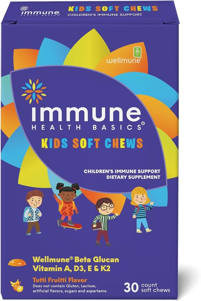Kids Soft Chews with Wellmune® ← Natural Beta Glucan Supplement for Immune Support " Daily Wellness " Allergen-Free " No Añadido Sugar TEN Tutti-Frutti Flavor, 30 Soft Chews
